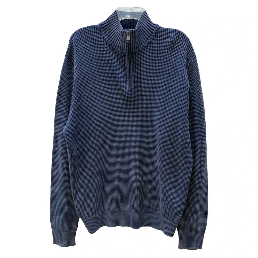 NWT Men's Lucky Brand Size XL Denim Blue Waffle Knit‎ 1/4 Zip Cotton Sweater